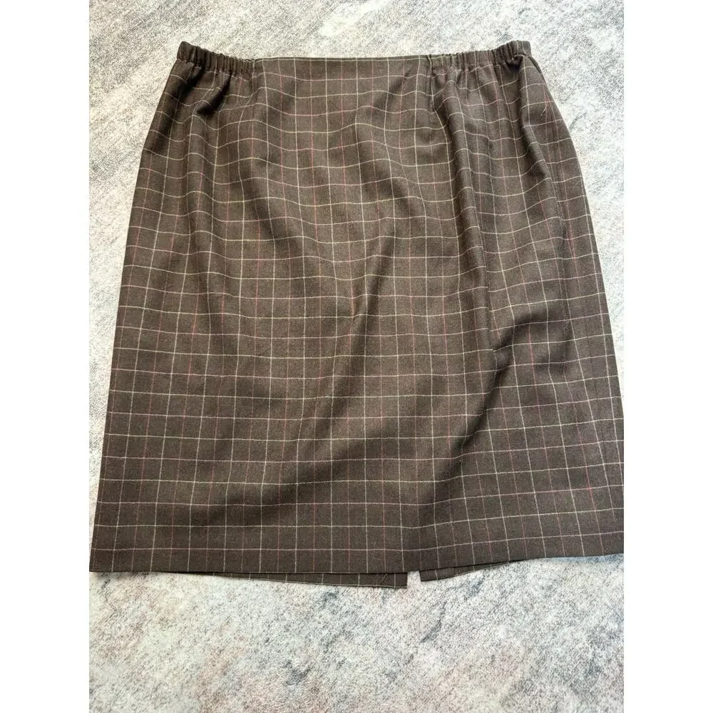 TALBOTS Wool Stretch Pencil Skirt Lined Slit Windowpane Check Brown